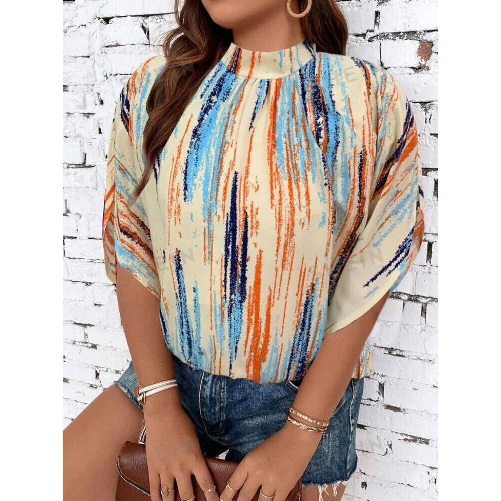 Women's Plus Size Blouse 3XL‎ Abstract Print Mock Neck 3/4 Sleeves Brushstroke
